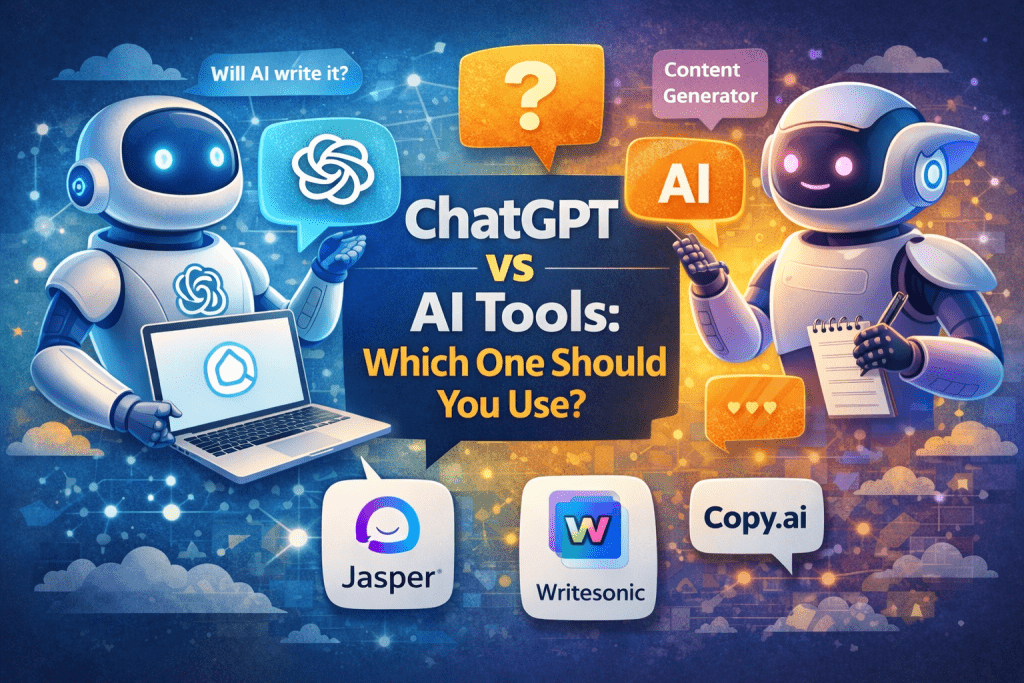 Current image: ChatGPT vs AI tools comparison showing ChatGPT competing with Jasper, Writesonic, and Copy.ai for content creation and writing