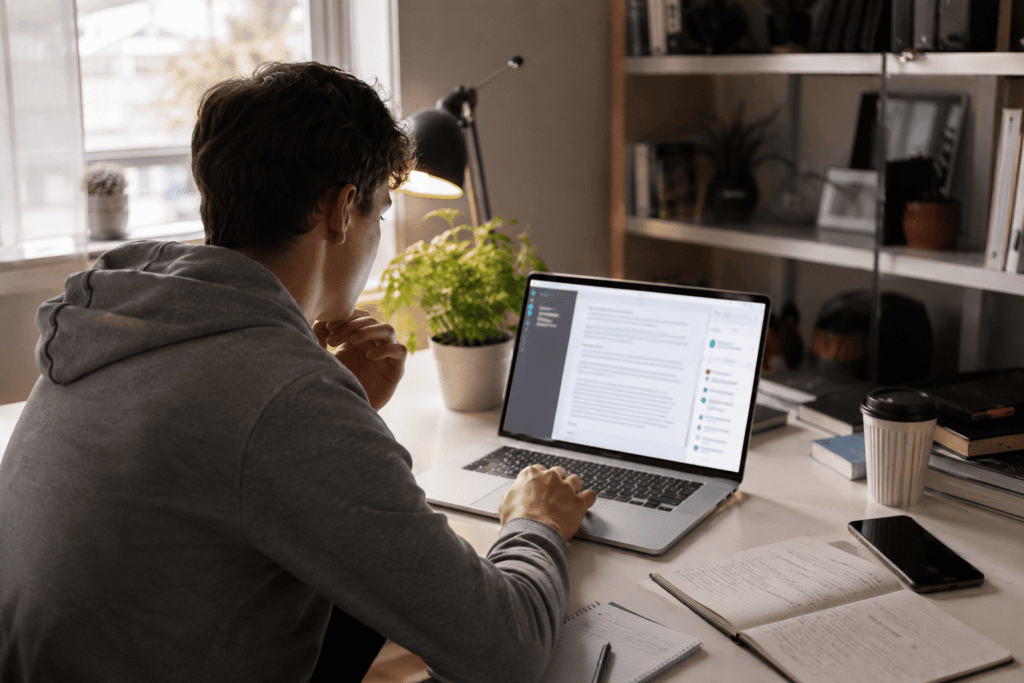 free AI tools for students on laptop at desk with AI chat interface visible on screen